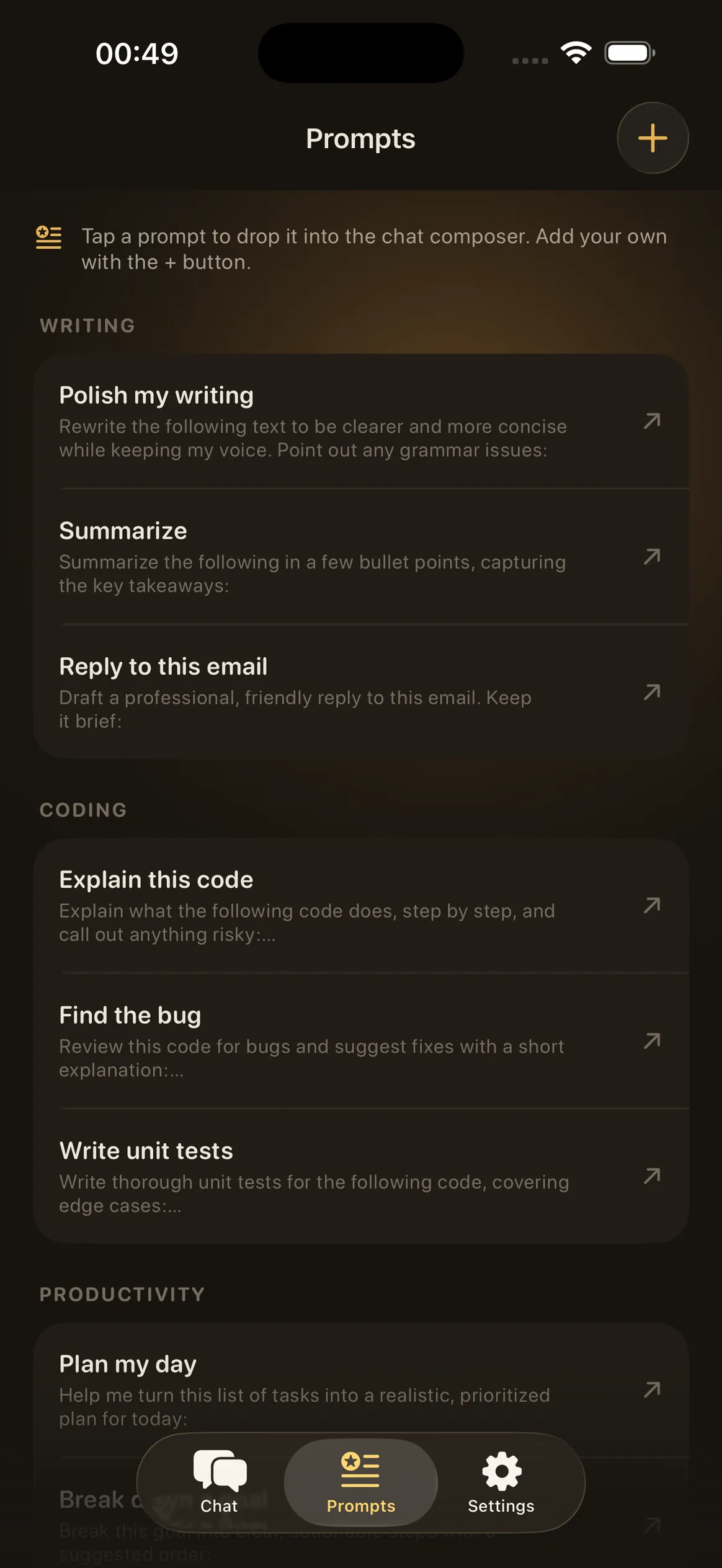 Ollama Mobile – Built-in prompts