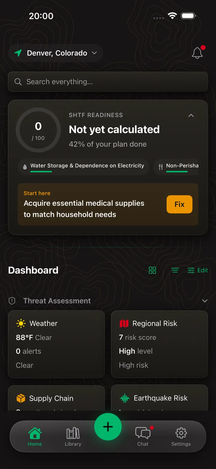 The SHTF App – Home dashboard with readiness score
