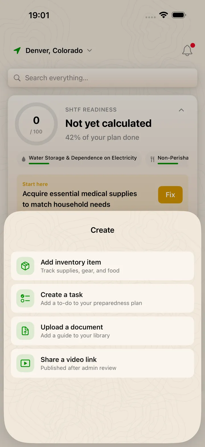 The SHTF App – Create menu with add options