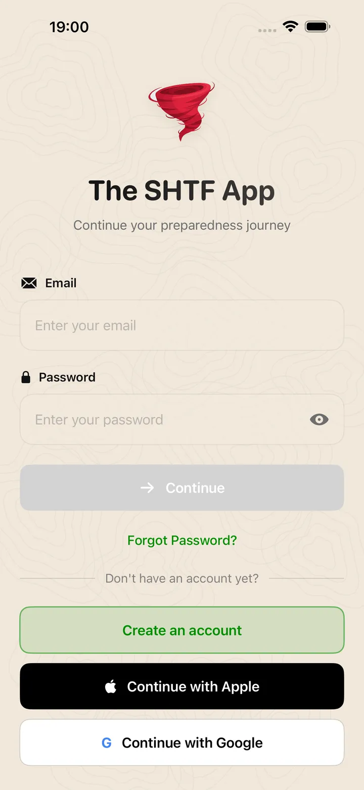 The SHTF App – Welcome and sign-in screen
